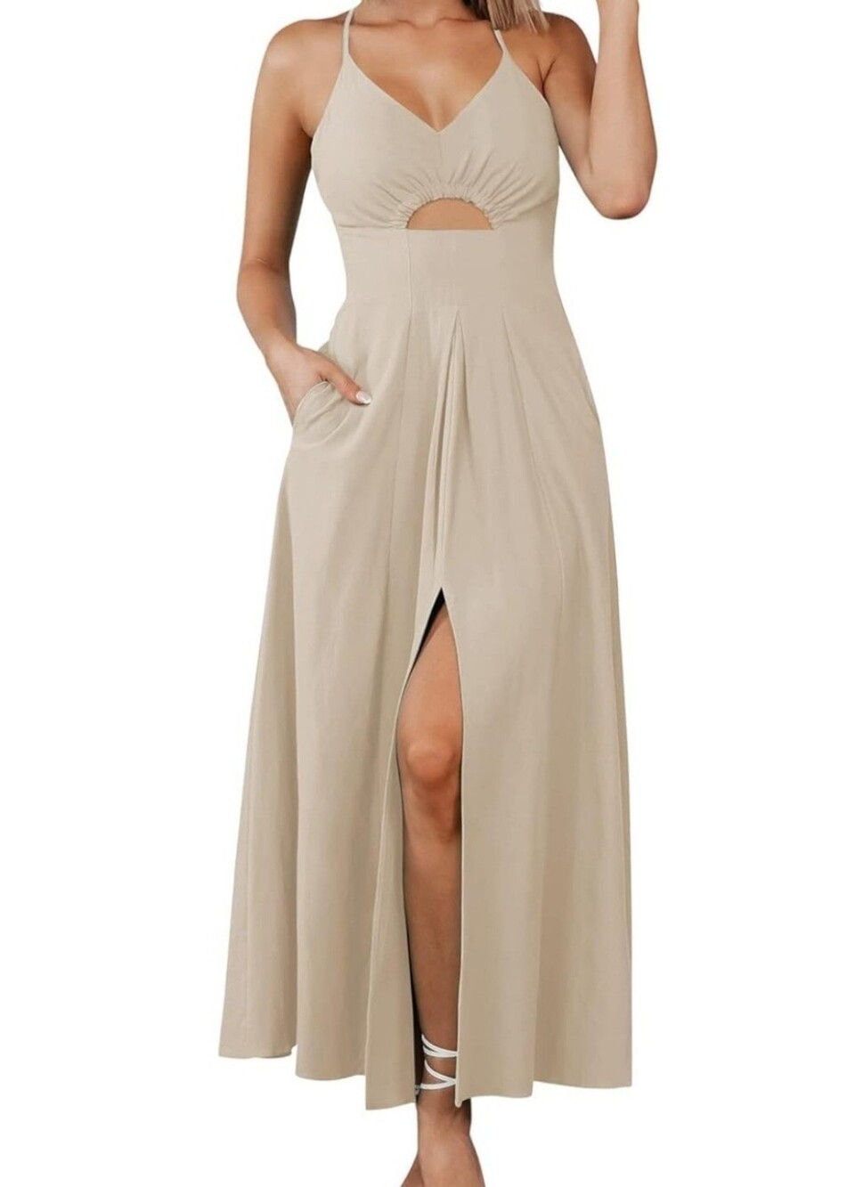 BTFBM Women 2026 Spaghetti Strap Midi Summer Dresses Sleeveless V Neck Cutout